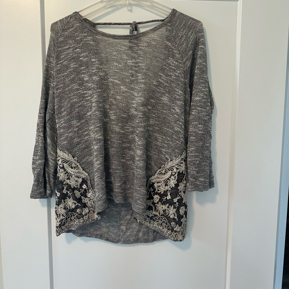 Gray Women's Top with Lace Detail